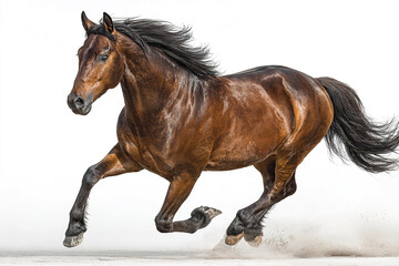 Obraz premium Powerful brown horse galloping energetically with flowing black mane and tail, kicking up dust on white background, showcasing strength and motion