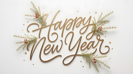 Elegant gold calligraphy text happy new year greeting with pine branches