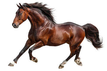 Obraz premium Powerful brown horse galloping with flowing mane and tail, showing strength and grace in motion, isolated on transparency background with dynamic energy and elegance