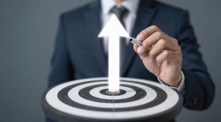 Businessman aiming for success with a target and upward arrow illustration.