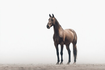 Obraz premium Brown horse standing on sandy ground with calm and elegant posture isolated on white background, showcasing its full body and natural beauty in minimalist style