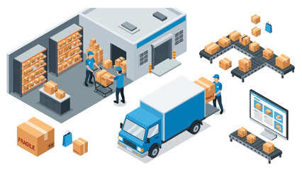 Isometric Warehouse Logistics and Delivery Illustration with Truck and Conveyor Belt.