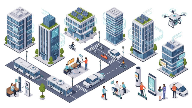 Isometric Smart City Illustration with Modern Buildings and Transportation.
