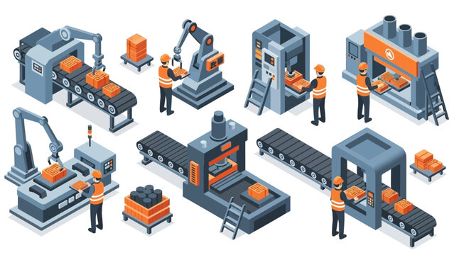Isometric View of Automated Industrial Production Line with Workers.