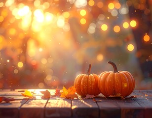 Two orange pumpkins on a rustic wood table with autumn foliage
