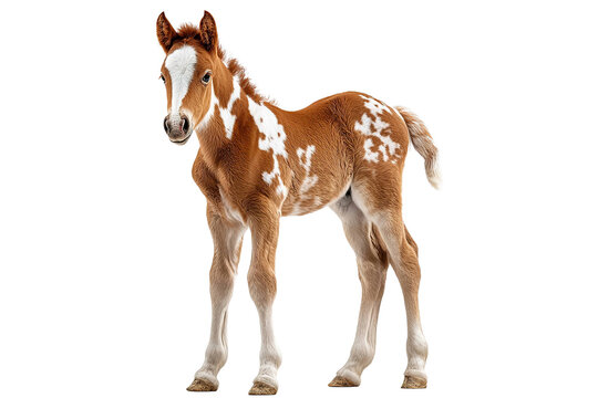 Young foal standing upright with curious expression, showing full body and distinctive brown and white spotted coat isolated on transparency background