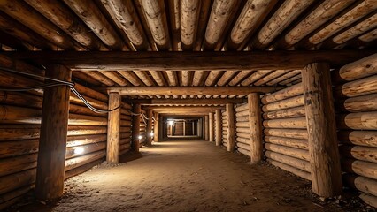 Fototapeta premium Dimly lit wooden log mining interior with rustic beams and dirt floor with copy space