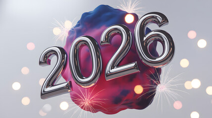 3d chrome numbers 2026 floating over abstract colorful blob with bokeh lights