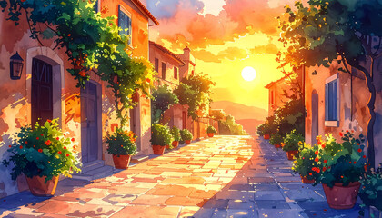 夕焼けに染まる町_generated by AI