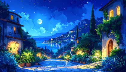  夜の海辺の町__generated by AI