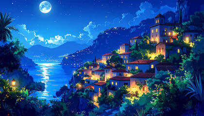  夜の海辺の町__generated by AI