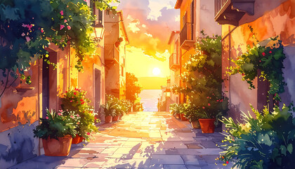 夕焼けに染まる町__generated by AI