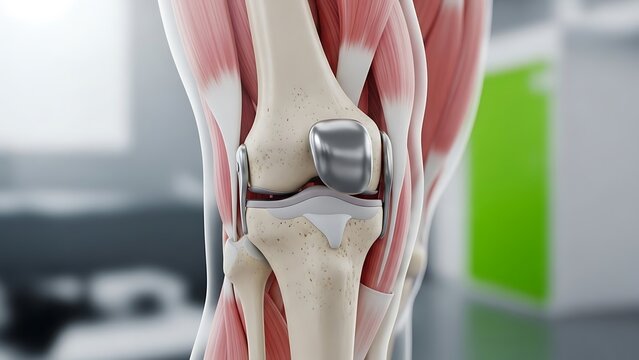 Detailed anatomical view of a human knee joint with a prosthetic implant