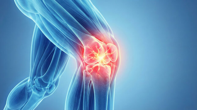 3D rendering of a human knee joint with highlighted pain area, illustrating medical discomfort or injury.