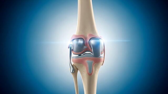 Illustration of a human knee joint with a total knee replacement implant