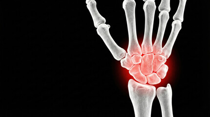3D rendering of a human hand skeleton with a glowing red highlight on the painful wrist joint against a dark background.