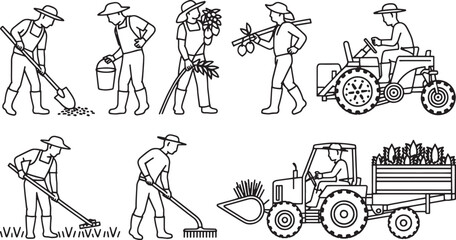 Obraz premium Agricultural workers with shovels rakes tractors and harvested crops farmer agriculture