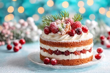 Christmas naked cake with berries and winter decor
