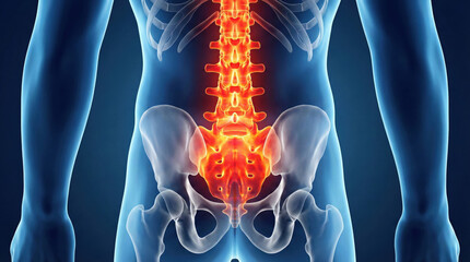 3D rendering of a human torso with a glowing red spine and pelvis, illustrating lower back pain or inflammation.