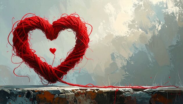 Heart-shaped red thread forming a minimalist love background on a textured surface