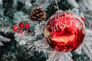 Elegant Christmas Tree, Christmas gift decoration white snow for background postcard.