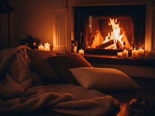 Cozy living room with warm fireplace and soft candlelight