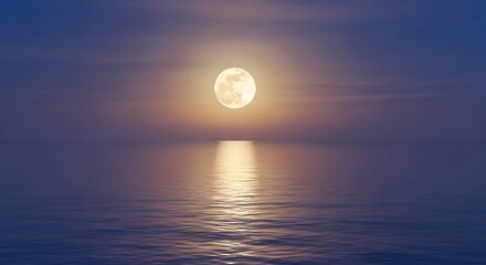 Full moon over calm ocean waters reflecting celestial light at dusk
