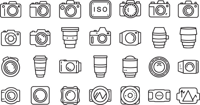 Collection of black outline icons of cameras lenses and photography equipment vector