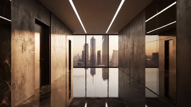 P62-Modern empty hallway with sleek ceiling lights textured walls and large window showcasing city bui 4K 10s