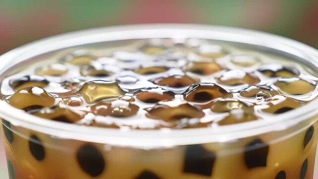 Refreshing close-up of bubble tea with tapioca pearls and creamy texture, perfect for summer drinks