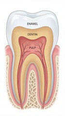tooth anatomy cross-section showing enamel, dentin and pulp layers, dental education concept,