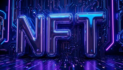 3D Holographic NFT Text with Glowing Pink and Blue Circuit Board Background Representing Non-Fungible Tokens Digital Art Crypto Currency and Modern Blockchain Technology Assets.
