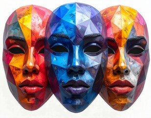 Three geometric masks, colorful and textured, floating against a white backdrop