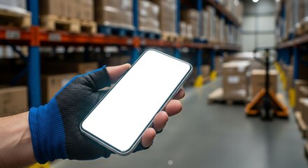 A gloved hand holds a smartphone with a blank screen in a warehouse aisle with shelves and pallets.