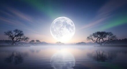 Fototapeta premium Full moon over still water with silhouette trees and aurora borealis sky