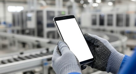 A person wearing work gloves holds a smartphone with a blank white screen in front of a blurred factory production line.