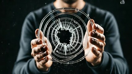 Man Holding Circular Glass Object with Particles Floating
