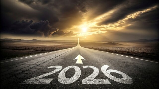 Straight road to 2026 with arrow pointing towards bright sunset horizon, concept hope, future goals, and a clear path to success in the coming year.