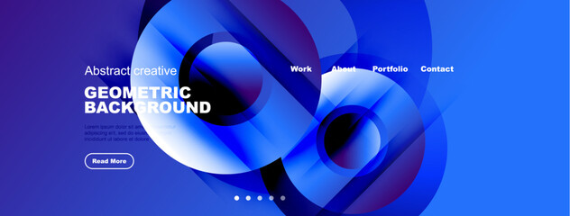 Abstract geometric background features flowing blue shapes, text, navigation menu. Modern design, vibrant colors, digital art style.