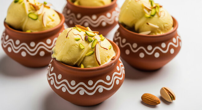 Traditional Indian Malai Kulfi served in earthen pots