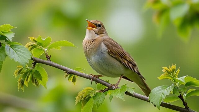 Common nightingale singing mid-song on leafy branch in natural setting.