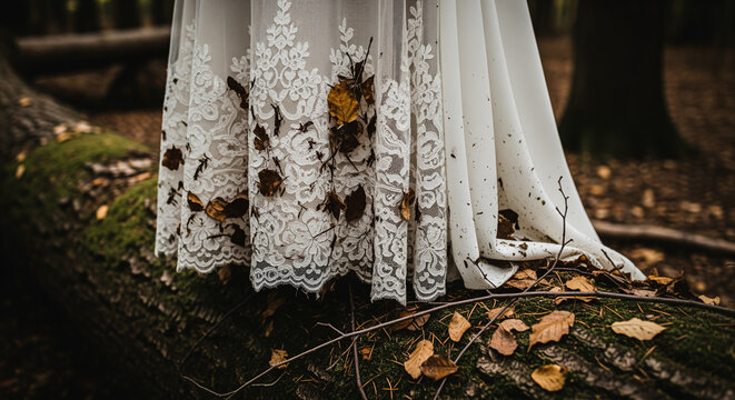 A white lace wedding dress, artfully stained with dirt and adorned with fallen autumn leaves, rests on a mossy log in a natural forest setting, conveying an adventurous outdoor bridal theme.