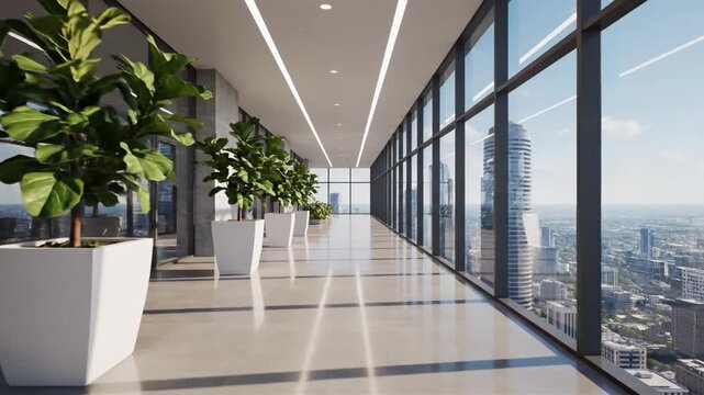 P90-Modern empty corporate hallway with glass walls potted plants and city view in high-rise building 4K 10s