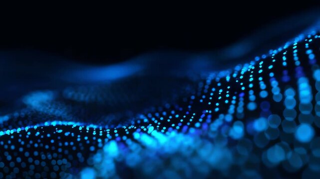 Abstract digital landscape with glowing blue dots forming a futuristic wave pattern, representing data flow and technology innovation. Modern visualization of virtual networks and connectivity
