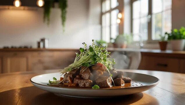 Gourmet Beef Stew Garnished with Fresh Microgreens in Slow Motion. Steaming Hot Meat Dish Served on a Wooden Table in a Modern Kitchen. Appetizing Culinary Presentation 4K.