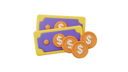 3D Render of Cartoon Dollar Bills and Coins with Dollar Signs on transparent background