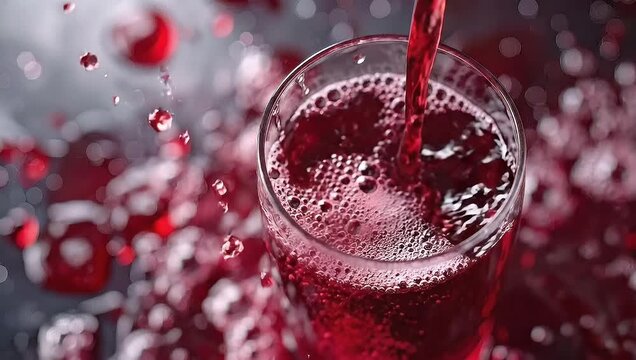 Red Juice Pouring into Glass with Dynamic Splashes in Slow Motion, Refreshing Beverage