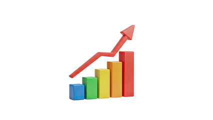 3D Bar Chart with Red Upward Arrow on transparent background