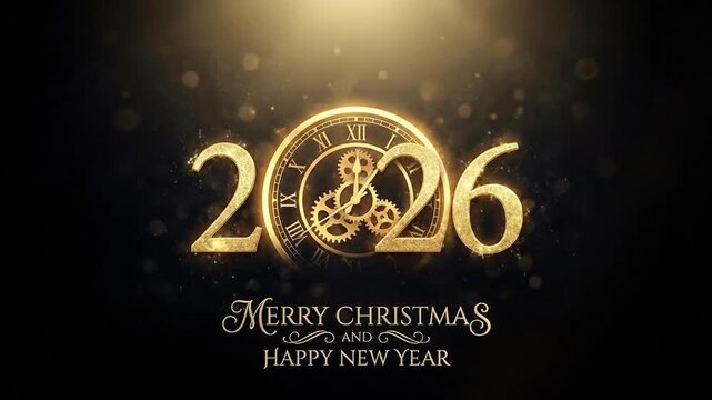 Elegant Golden 2026 Christmas and New Year Celebration with Clock Gears