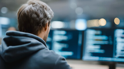 A programmer at work with multiple screens displaying intricate code and data, a focus on the technology and innovative problem solving.